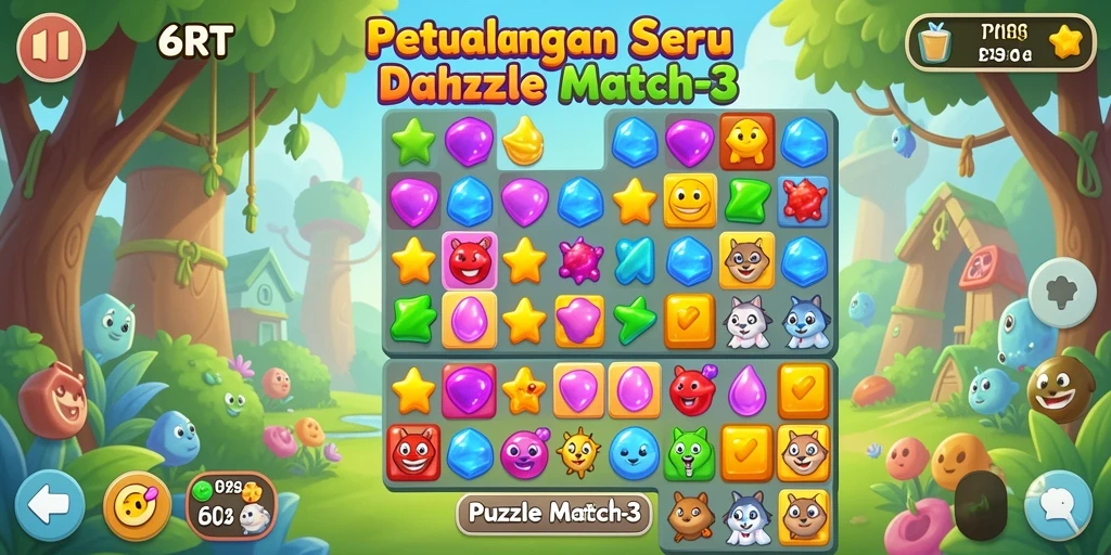 Tampilan antarmuka berwarna-warni dari 6RT dalam game Puzzle Match-3.