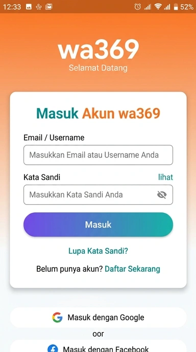 Tampilan halaman login wa369